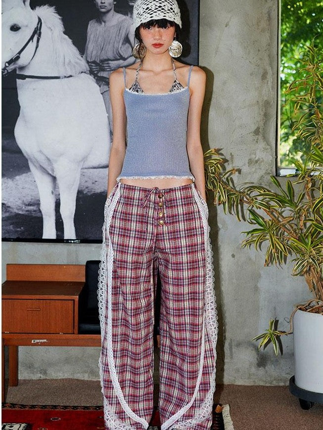 badtaste Western Vintage Plaid Patchwork Lace Relaxed Women's Wide-leg Pants
