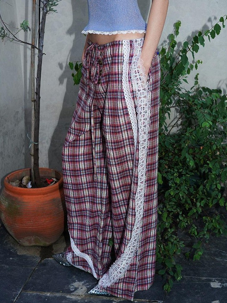 badtaste Western Vintage Plaid Patchwork Lace Relaxed Women's Wide-leg Pants