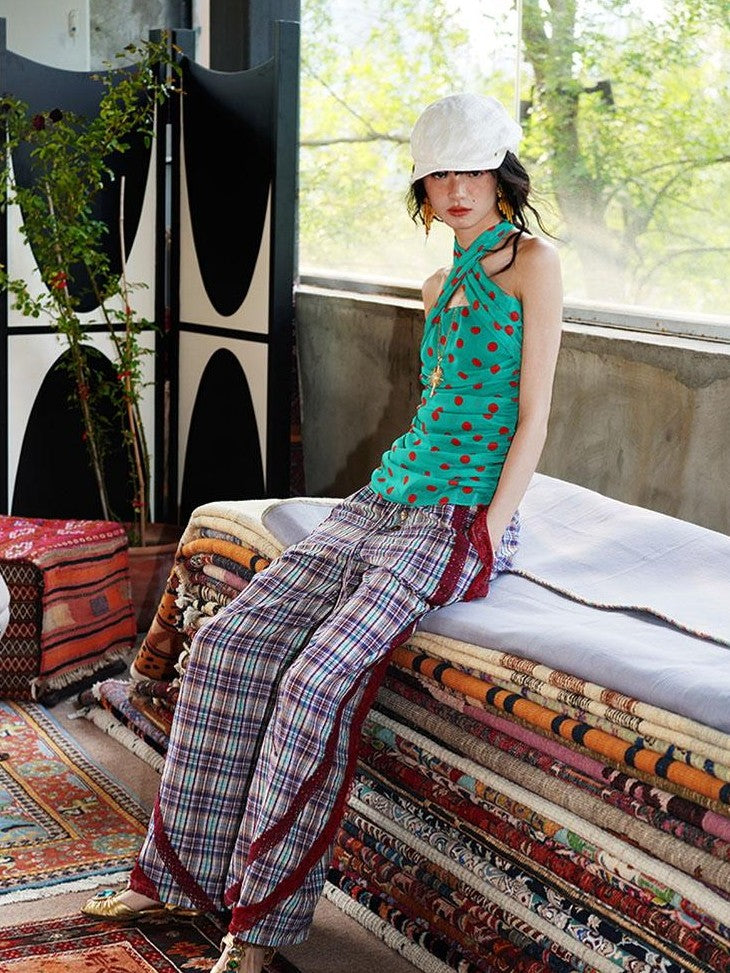 badtaste Western Vintage Plaid Patchwork Lace Relaxed Women's Wide-leg Pants