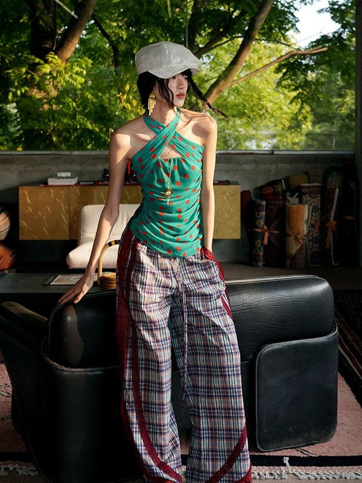 badtaste Western Vintage Plaid Patchwork Lace Relaxed Women's Wide-leg Pants