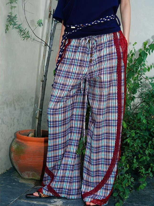 badtaste Western Vintage Plaid Patchwork Lace Relaxed Women's Wide-leg Pants