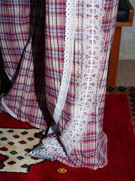badtaste Western Vintage Plaid Patchwork Lace Relaxed Women's Wide-leg Pants