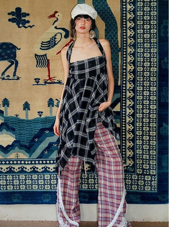 badtaste Western Vintage Plaid Patchwork Lace Relaxed Women's Wide-leg Pants