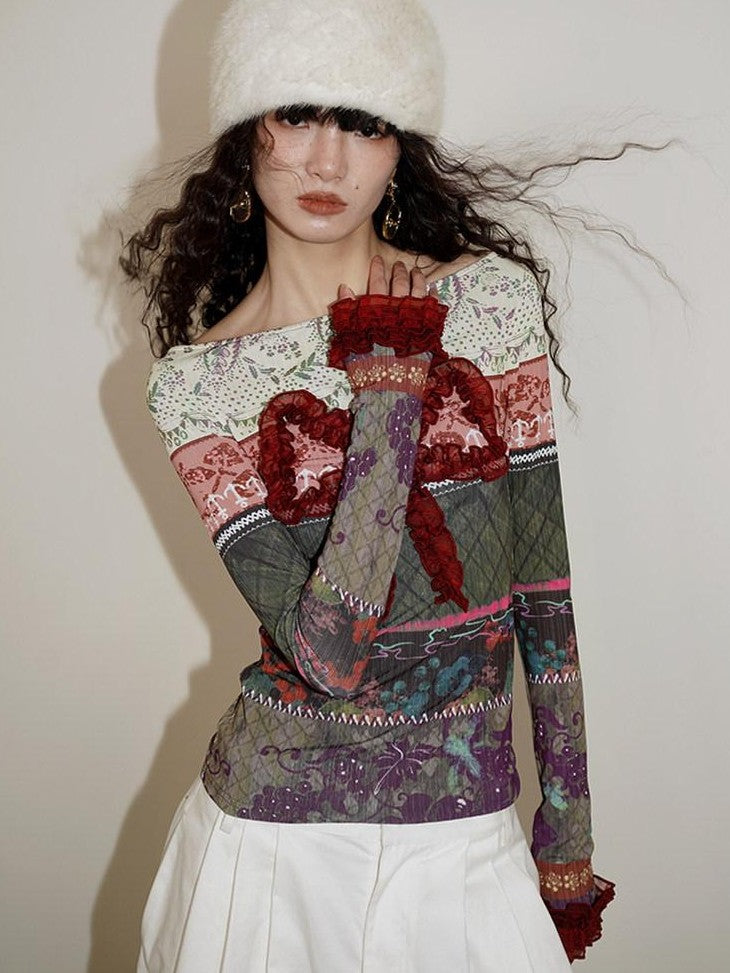 badtaste Western Vintage Print Bow Patchwork Slim Fit Women's Long Sleeve T-shirts