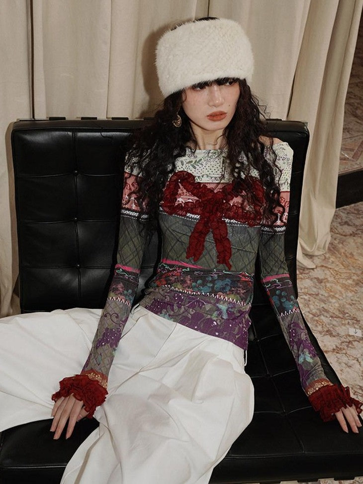 badtaste Western Vintage Print Bow Patchwork Slim Fit Women's Long Sleeve T-shirts