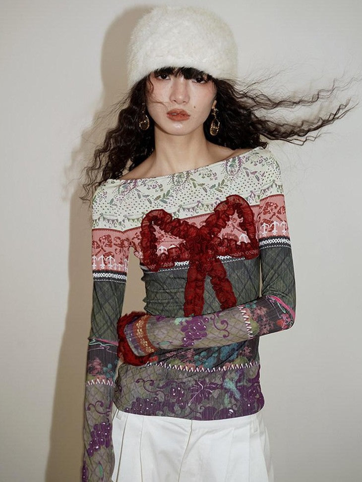 badtaste Western Vintage Print Bow Patchwork Slim Fit Women's Long Sleeve T-shirts