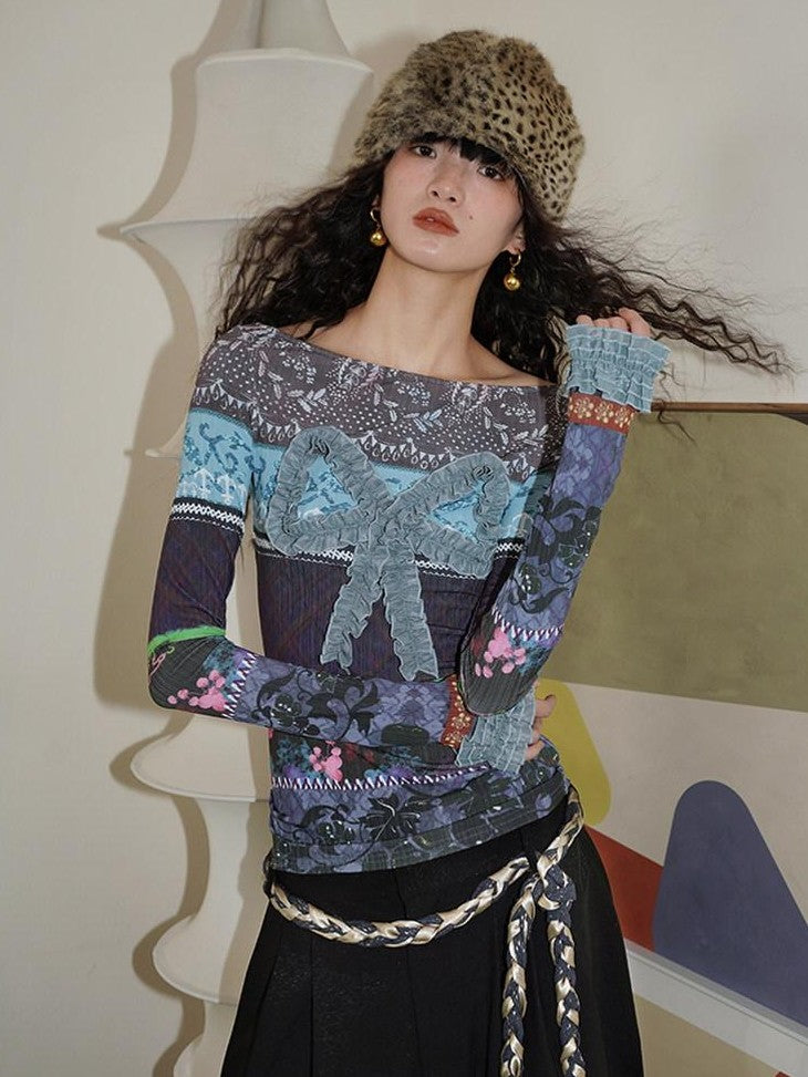badtaste Western Vintage Print Bow Patchwork Slim Fit Women's Long Sleeve T-shirts