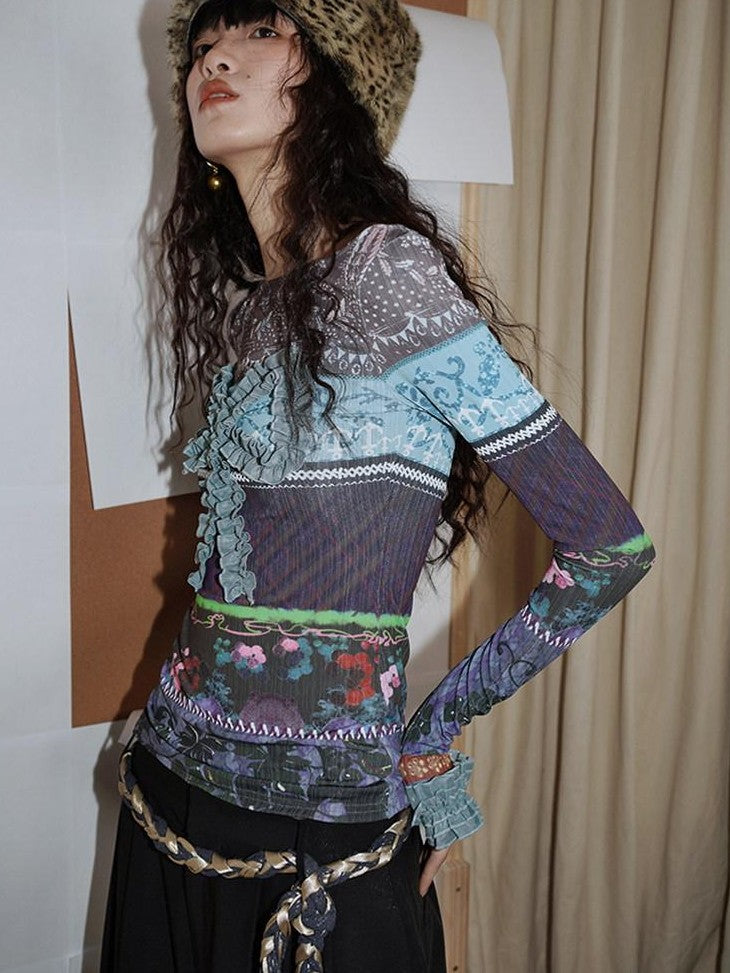 badtaste Western Vintage Print Bow Patchwork Slim Fit Women's Long Sleeve T-shirts