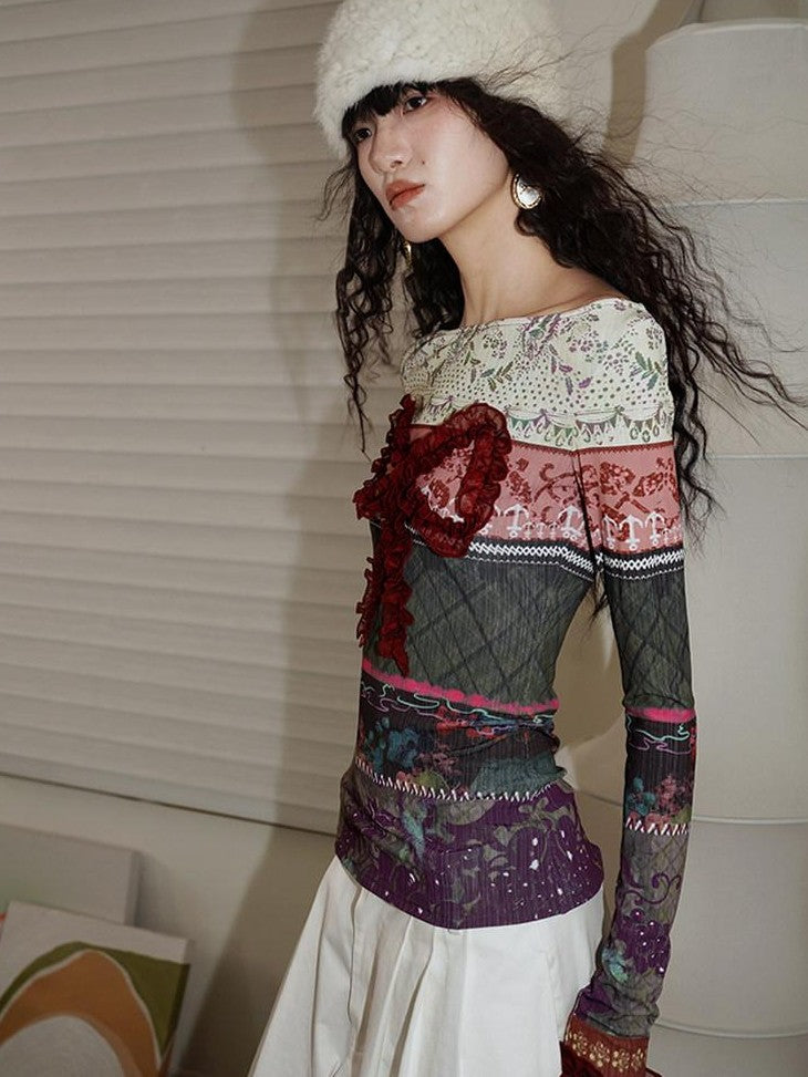 badtaste Western Vintage Print Bow Patchwork Slim Fit Women's Long Sleeve T-shirts