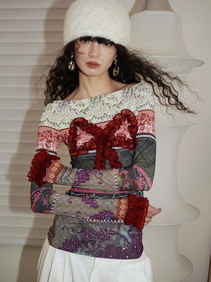 badtaste Western Vintage Print Bow Patchwork Slim Fit Women's Long Sleeve T-shirts