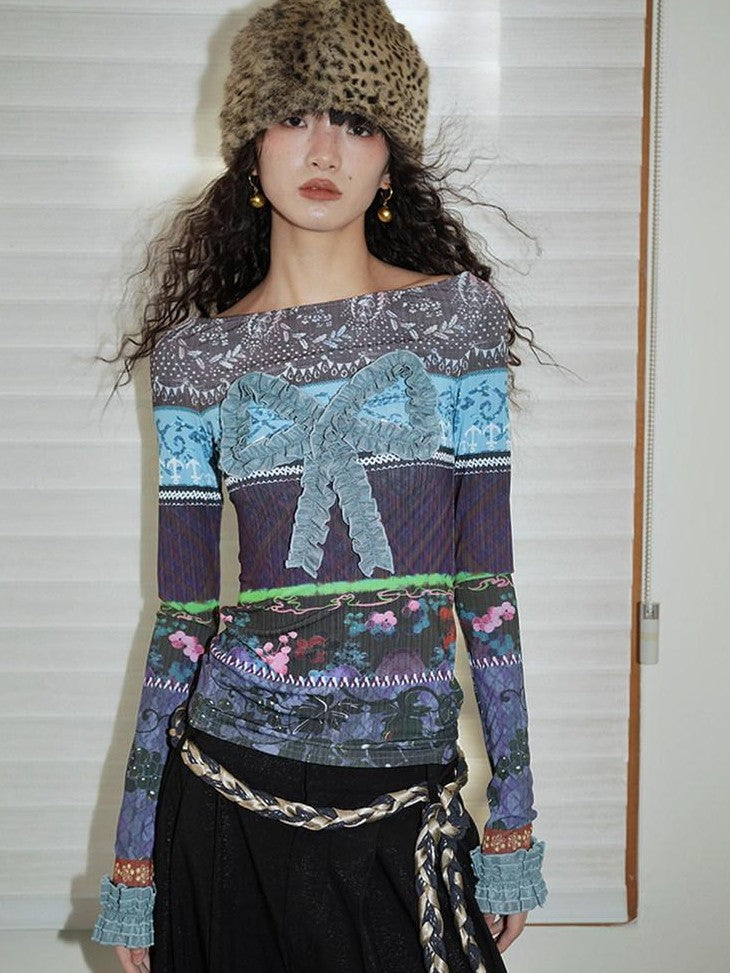 badtaste Western Vintage Print Bow Patchwork Slim Fit Women's Long Sleeve T-shirts