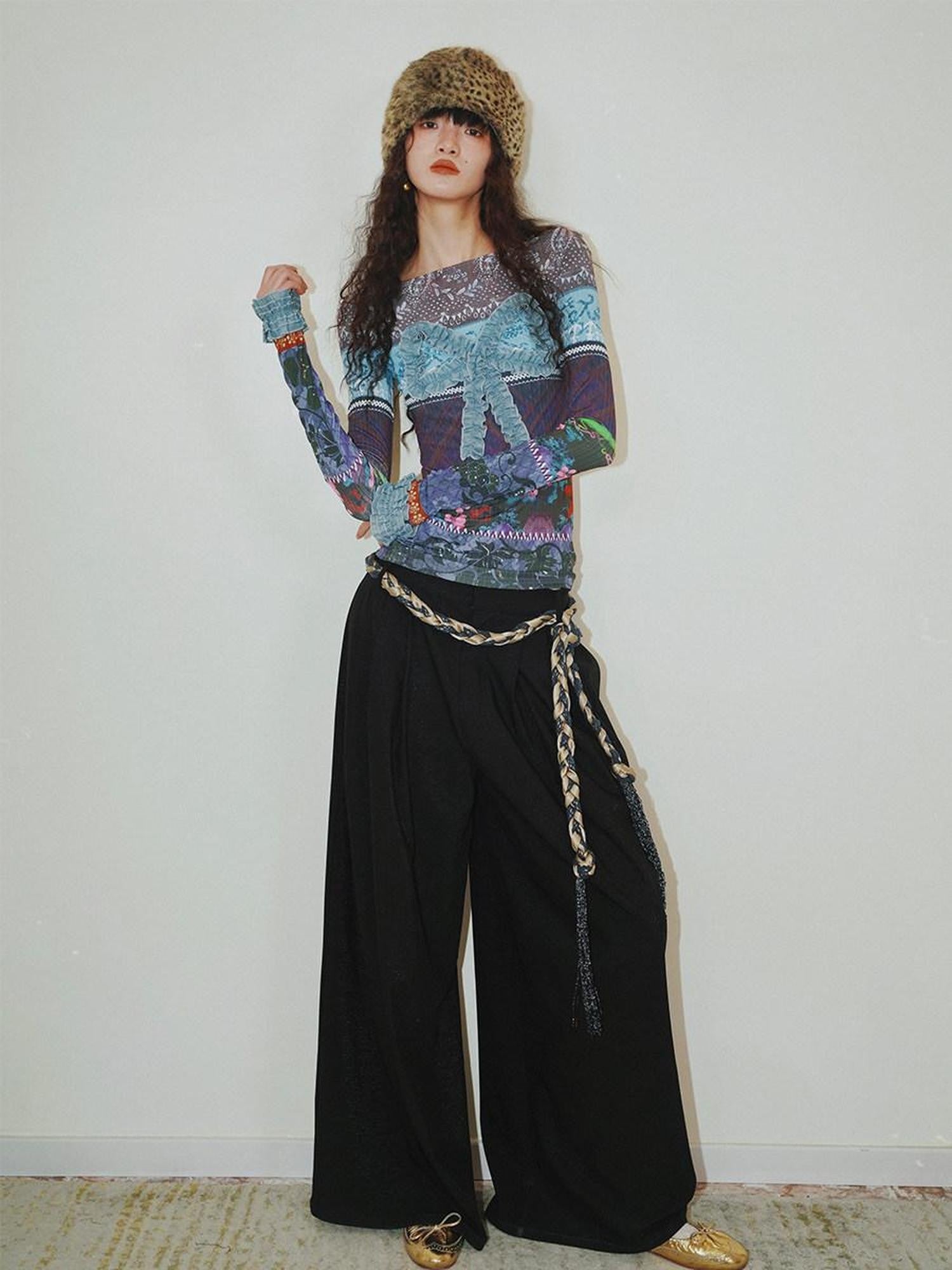 badtaste Western Vintage Print Bow Patchwork Slim Fit Women's Long Sleeve T-shirts