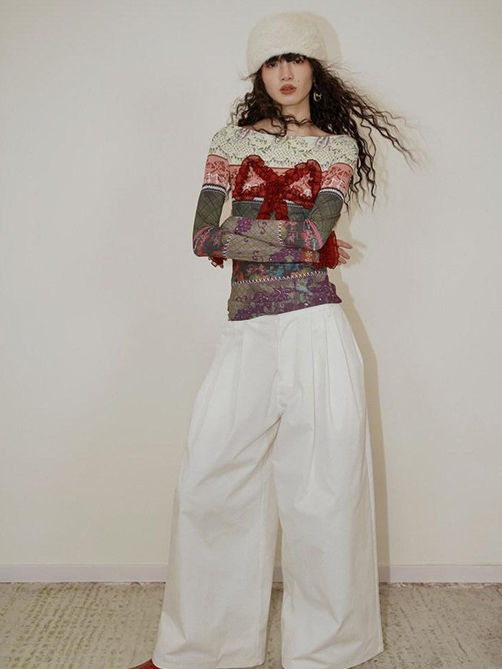 badtaste Western Vintage Print Bow Patchwork Slim Fit Women's Long Sleeve T-shirts
