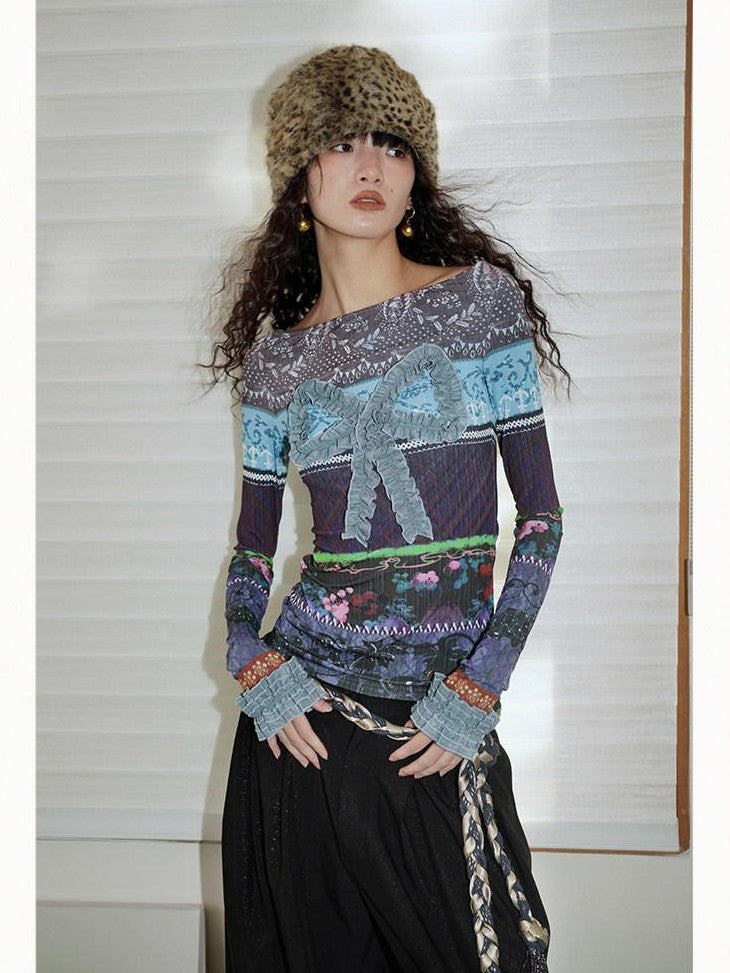 badtaste Western Vintage Print Bow Patchwork Slim Fit Women's Long Sleeve T-shirts
