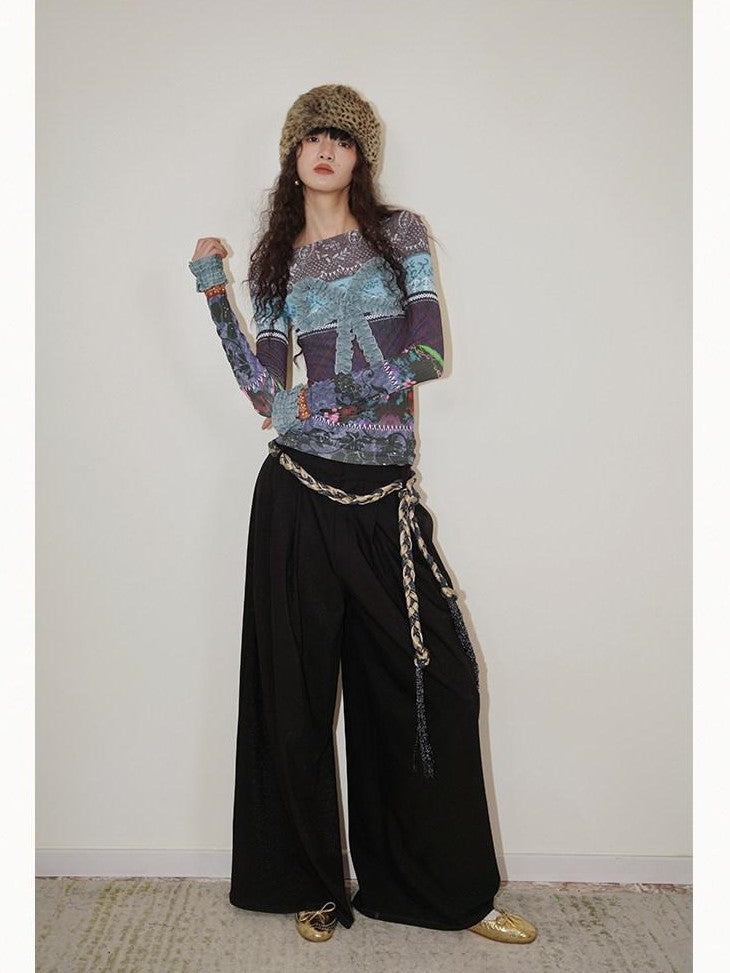 badtaste Western Vintage Print Bow Patchwork Slim Fit Women's Long Sleeve T-shirts