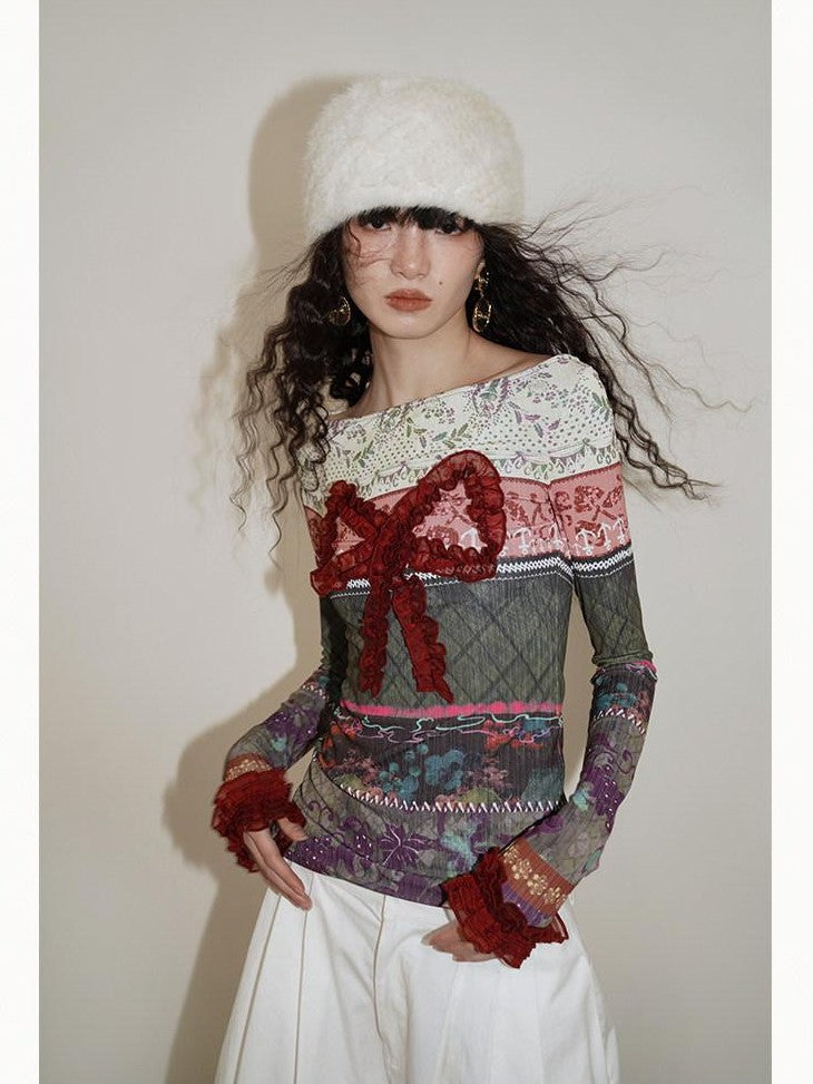 badtaste Western Vintage Print Bow Patchwork Slim Fit Women's Long Sleeve T-shirts