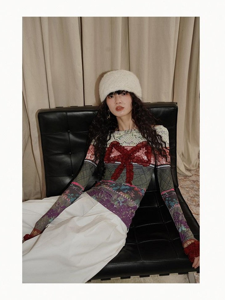badtaste Western Vintage Print Bow Patchwork Slim Fit Women's Long Sleeve T-shirts