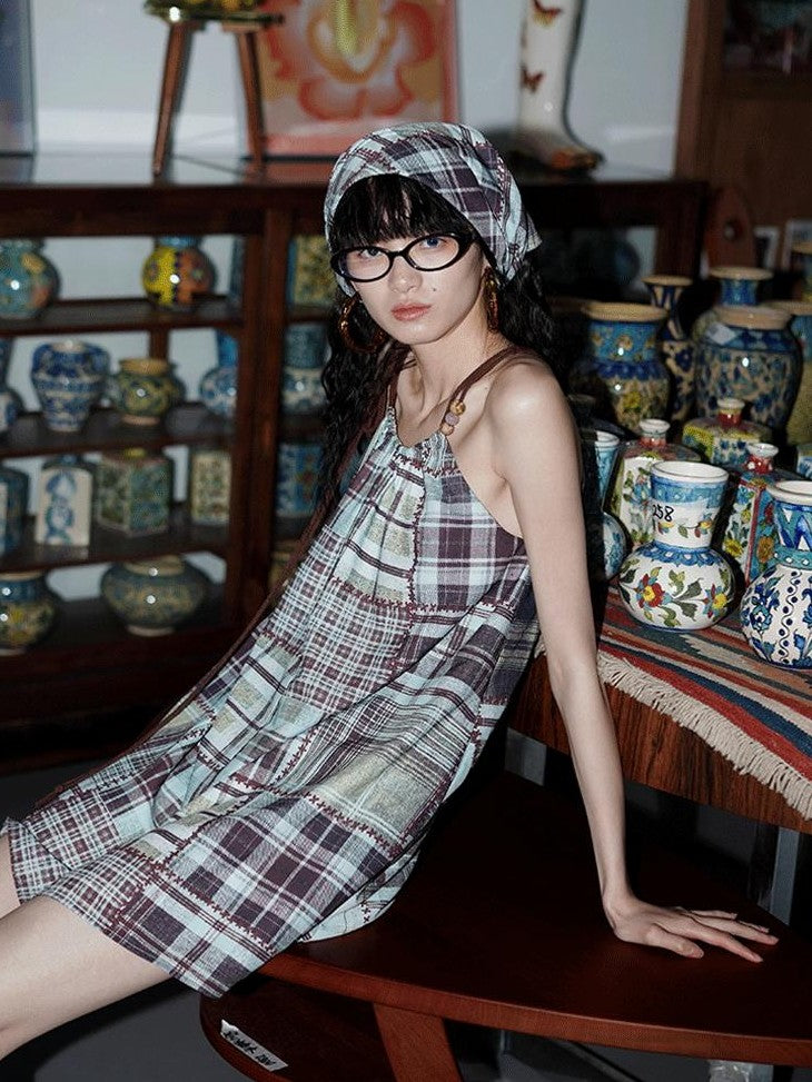 badtaste Western Vintage Print Halter Neck Short Cotton Rope Women's Camisoles