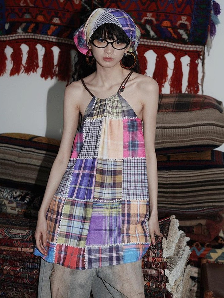badtaste Western Vintage Print Halter Neck Short Cotton Rope Women's Camisoles