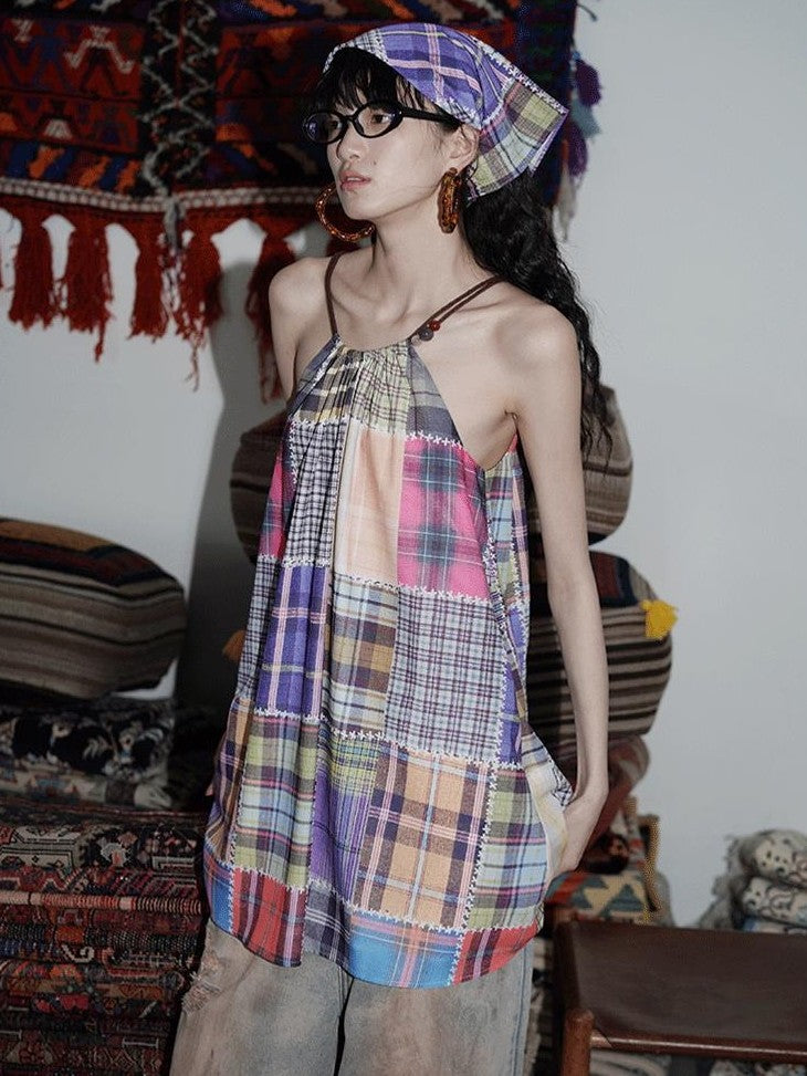 badtaste Western Vintage Print Halter Neck Short Cotton Rope Women's Camisoles