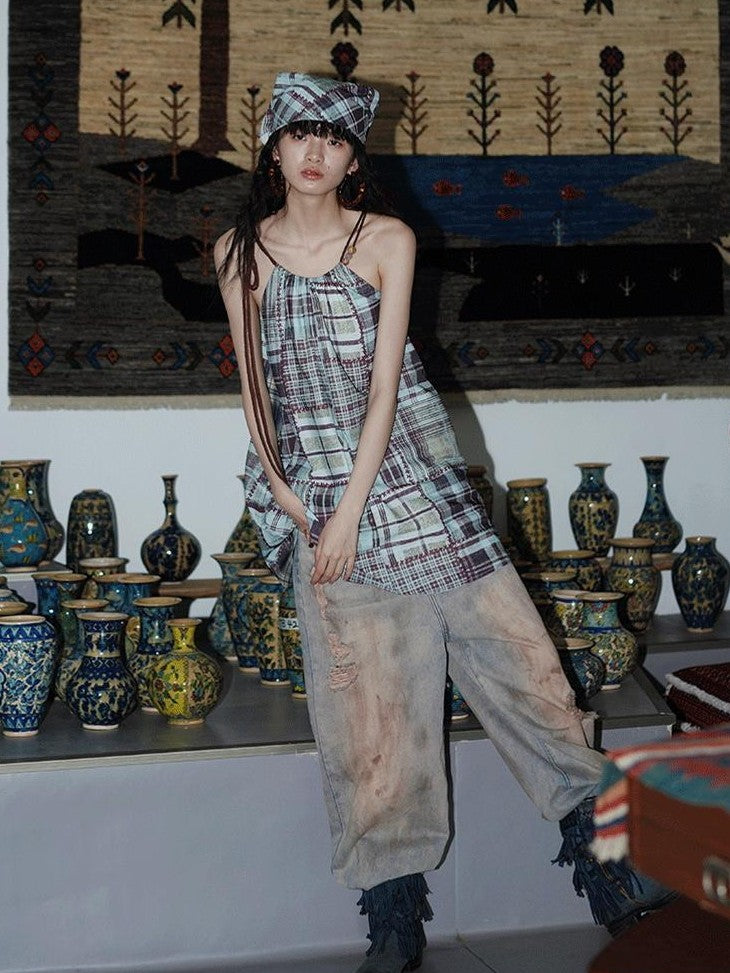 badtaste Western Vintage Print Halter Neck Short Cotton Rope Women's Camisoles