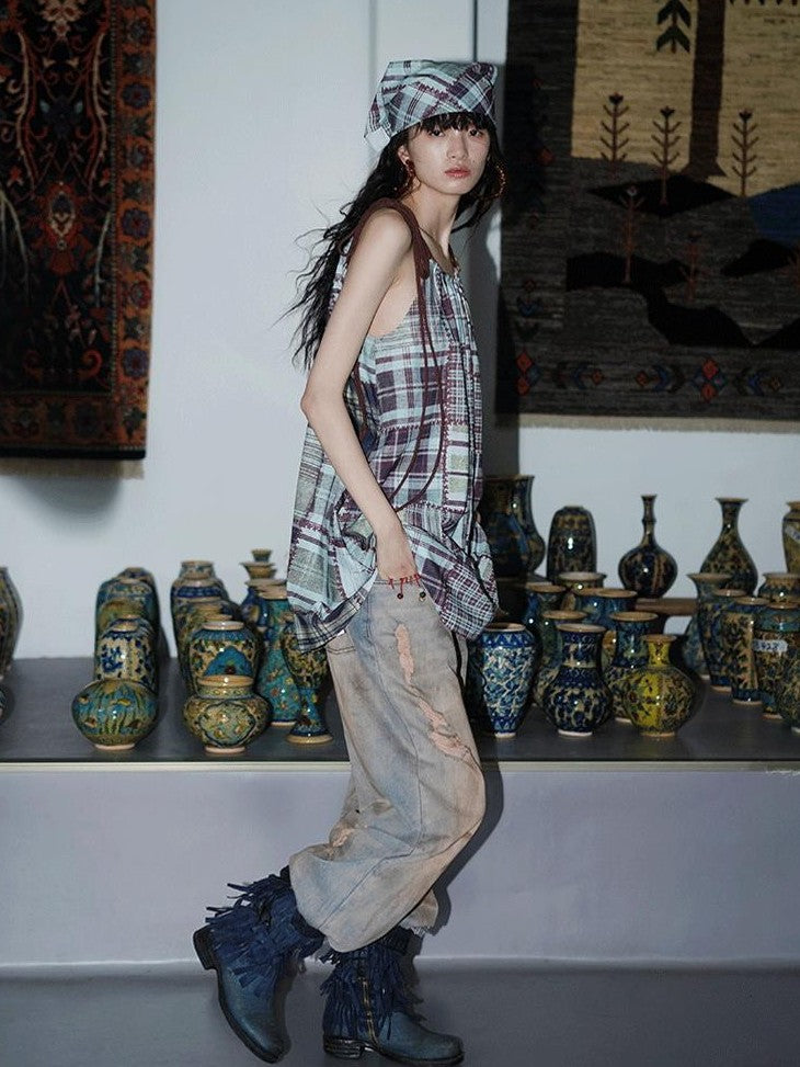 badtaste Western Vintage Print Halter Neck Short Cotton Rope Women's Camisoles