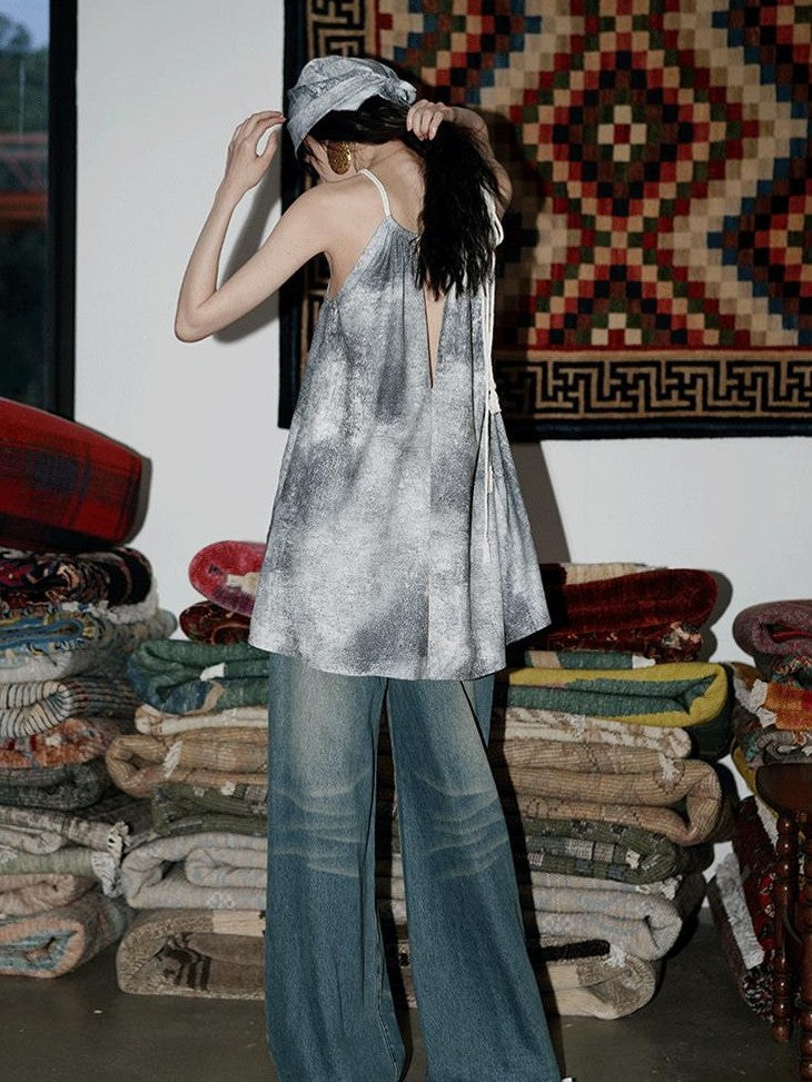 badtaste Western Vintage Print Halter Neck Short Cotton Rope Women's Camisoles