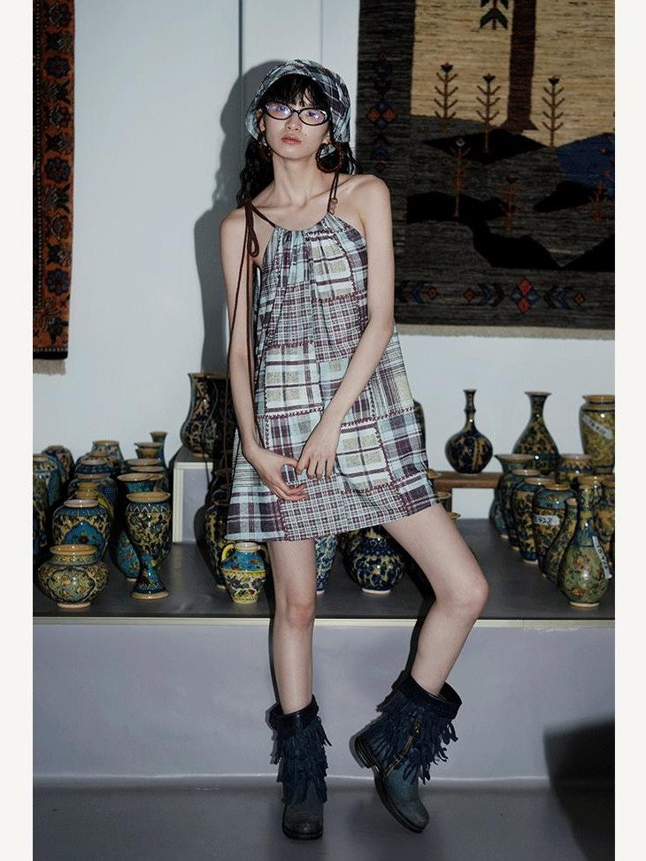 badtaste Western Vintage Print Halter Neck Short Cotton Rope Women's Camisoles