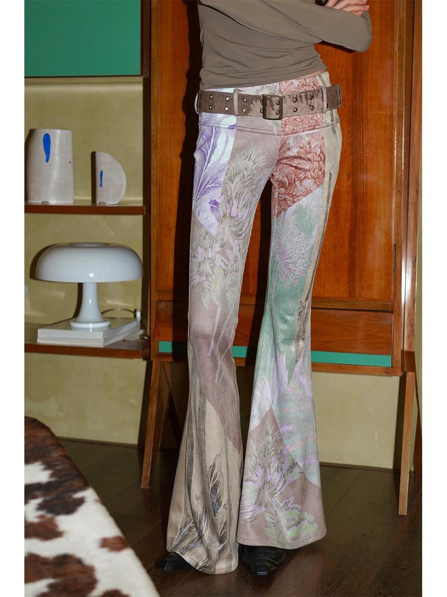 badtaste Western Vintage Print Slim Women's Suede Velvet Belted Flare Pants