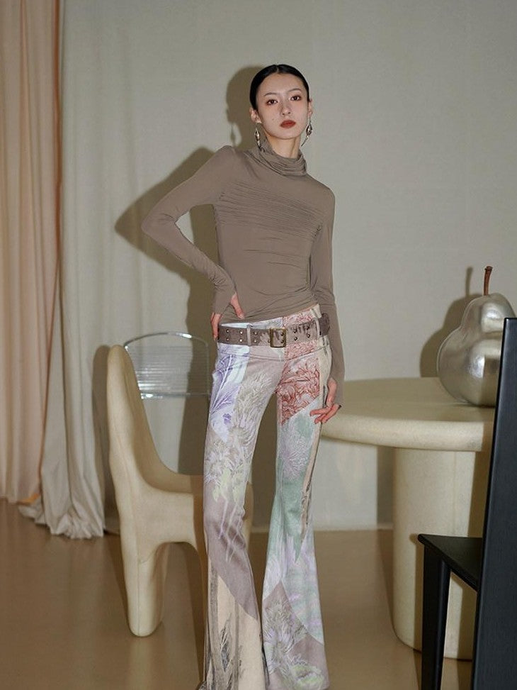 badtaste Western Vintage Print Slim Women's Suede Velvet Belted Flare Pants
