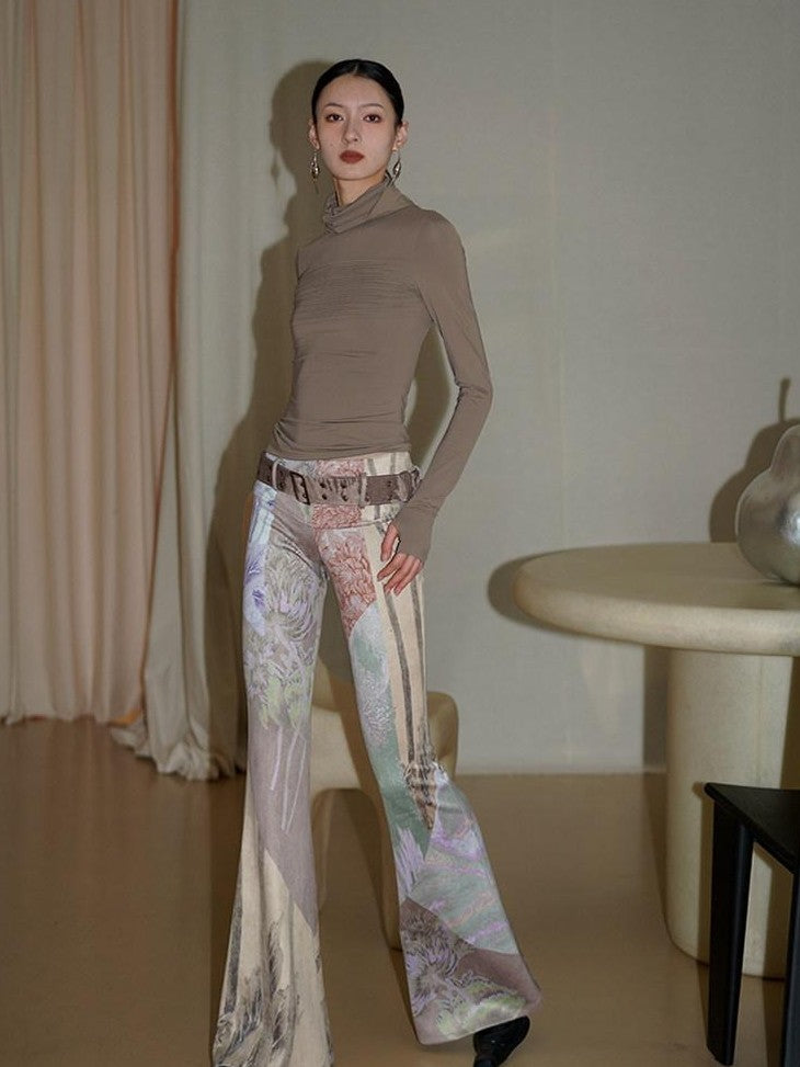 badtaste Western Vintage Print Slim Women's Suede Velvet Belted Flare Pants