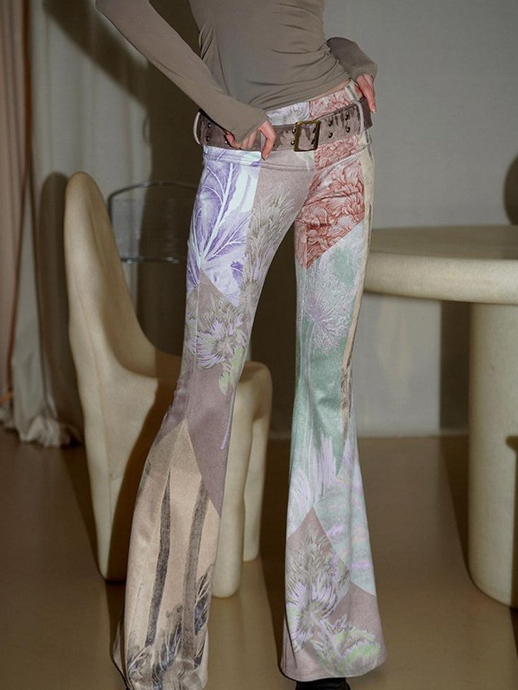 badtaste Western Vintage Print Slim Women's Suede Velvet Belted Flare Pants