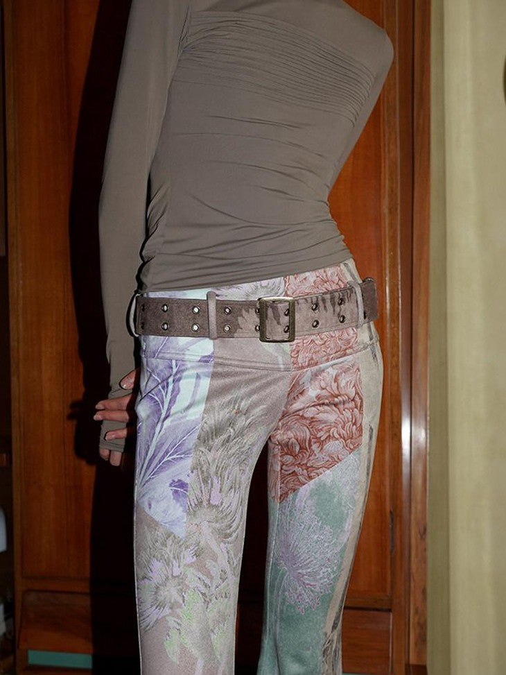 badtaste Western Vintage Print Slim Women's Suede Velvet Belted Flare Pants