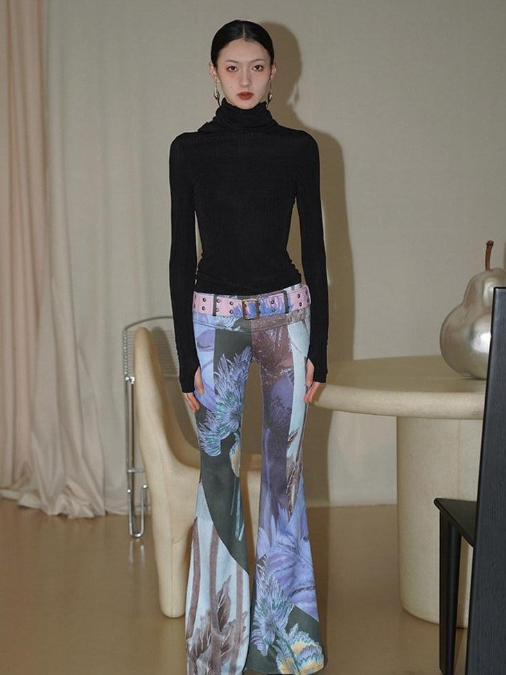 badtaste Western Vintage Print Slim Women's Suede Velvet Belted Flare Pants