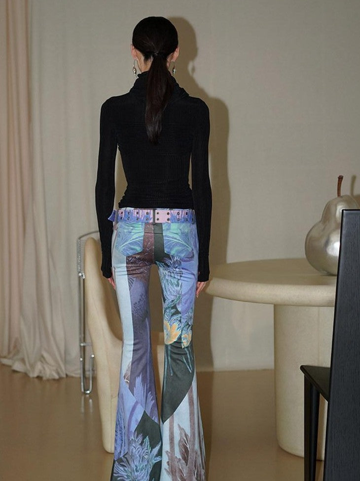 badtaste Western Vintage Print Slim Women's Suede Velvet Belted Flare Pants