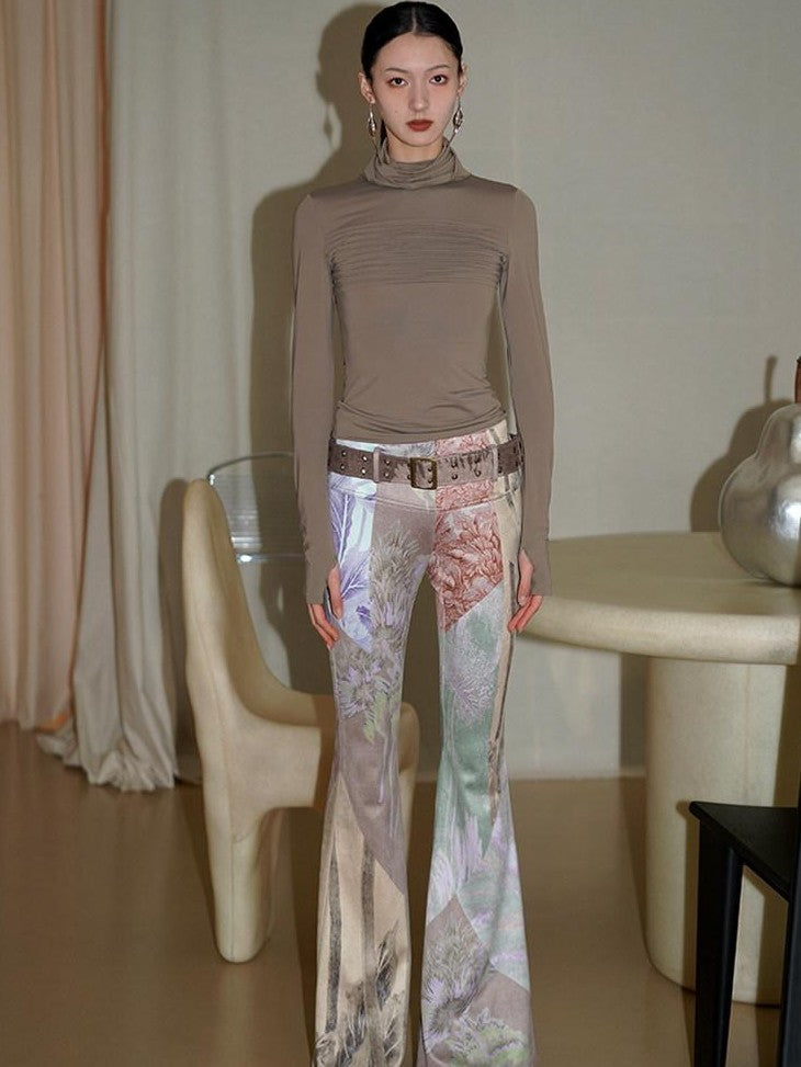 badtaste Western Vintage Print Slim Women's Suede Velvet Belted Flare Pants