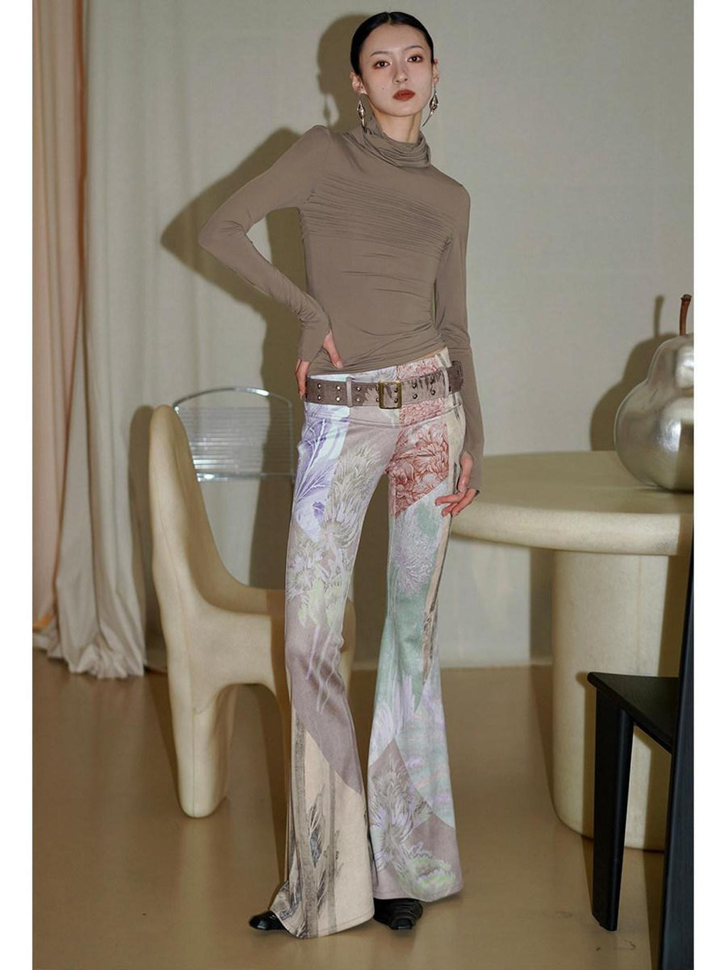 badtaste Western Vintage Print Slim Women's Suede Velvet Belted Flare Pants