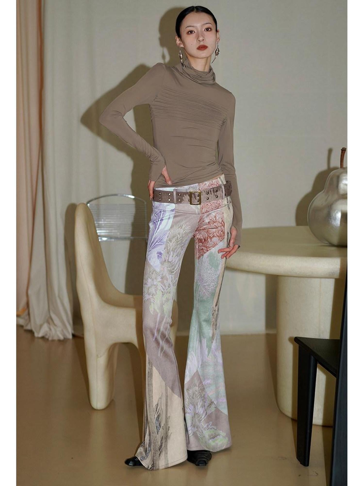 badtaste Western Vintage Print Slim Women's Suede Velvet Belted Flare Pants