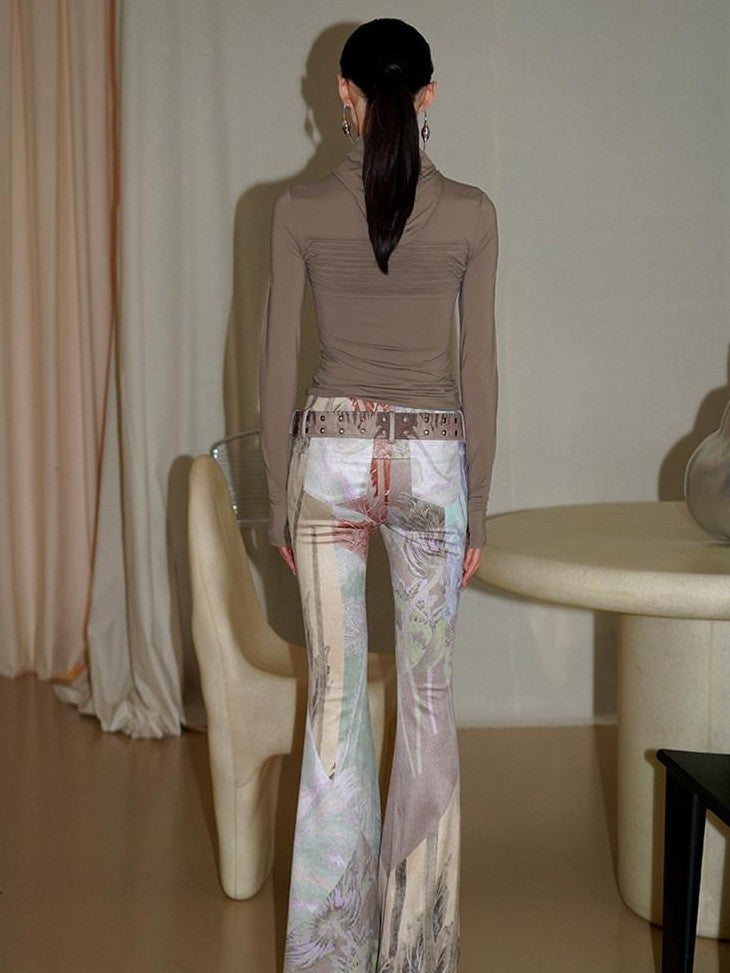 badtaste Western Vintage Print Slim Women's Suede Velvet Belted Flare Pants