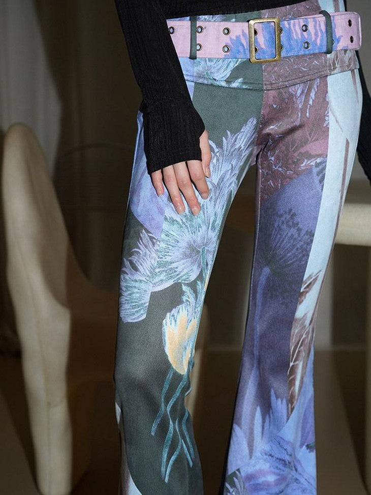 badtaste Western Vintage Print Slim Women's Suede Velvet Belted Flare Pants