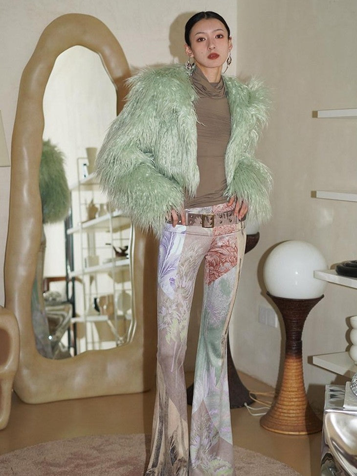 badtaste Western Vintage Print Slim Women's Suede Velvet Belted Flare Pants