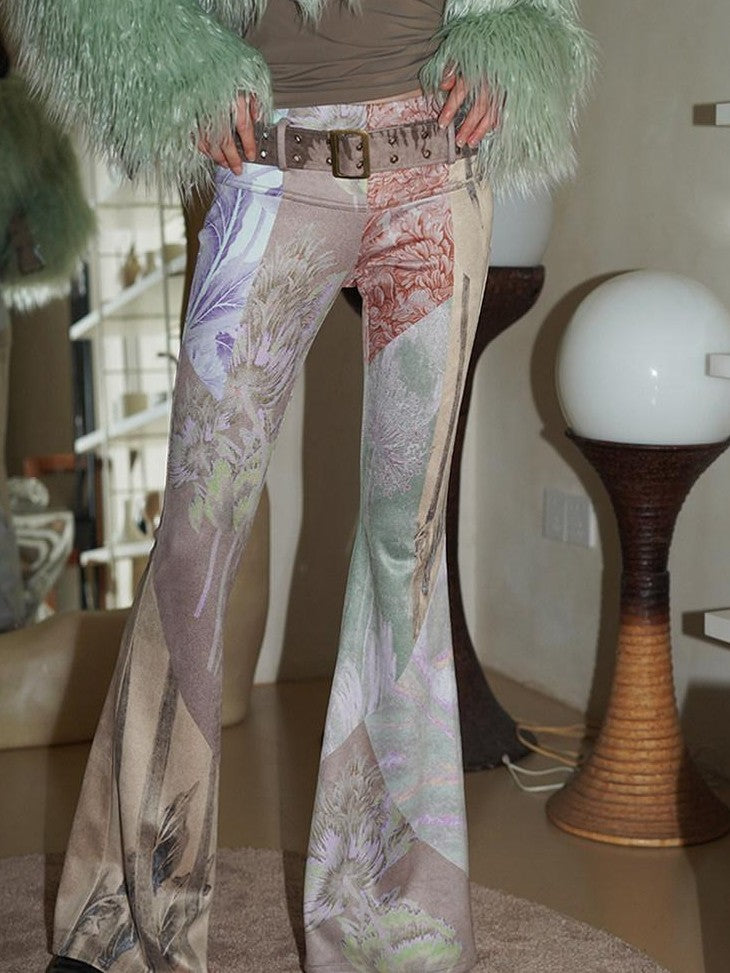 badtaste Western Vintage Print Slim Women's Suede Velvet Belted Flare Pants