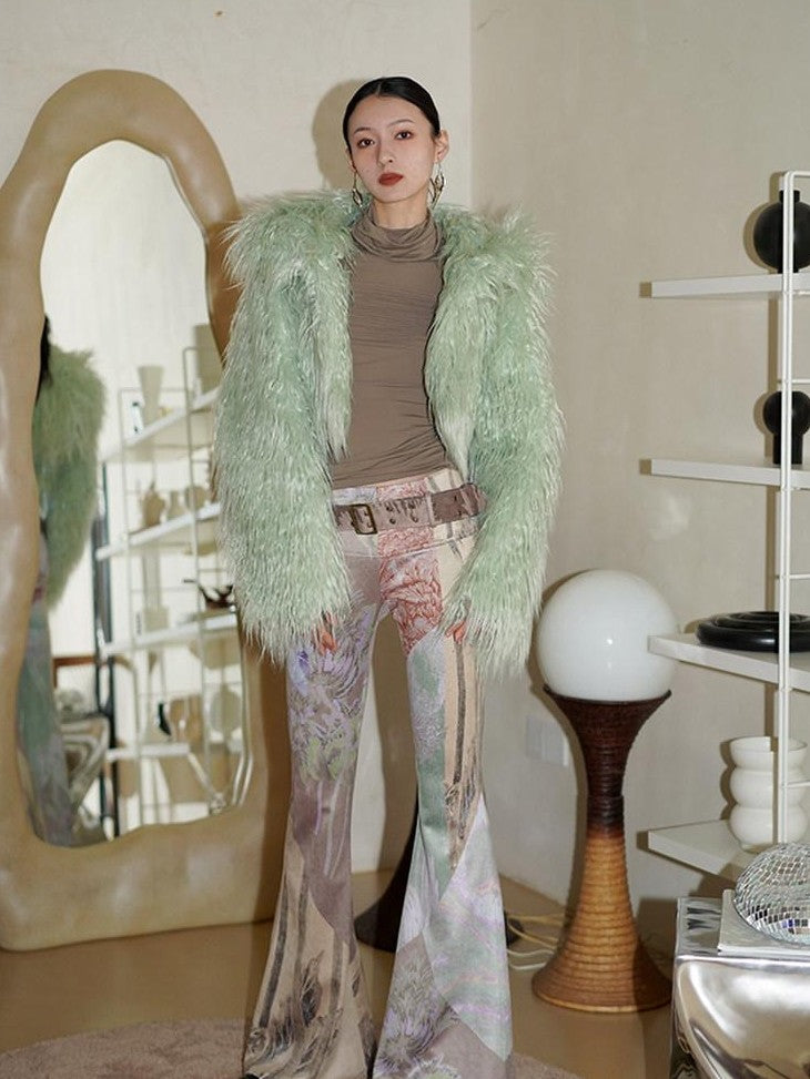 badtaste Western Vintage Print Slim Women's Suede Velvet Belted Flare Pants