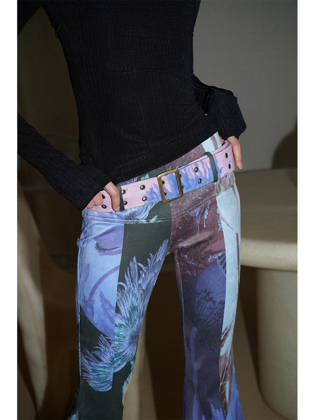 badtaste Western Vintage Print Slim Women's Suede Velvet Belted Flare Pants