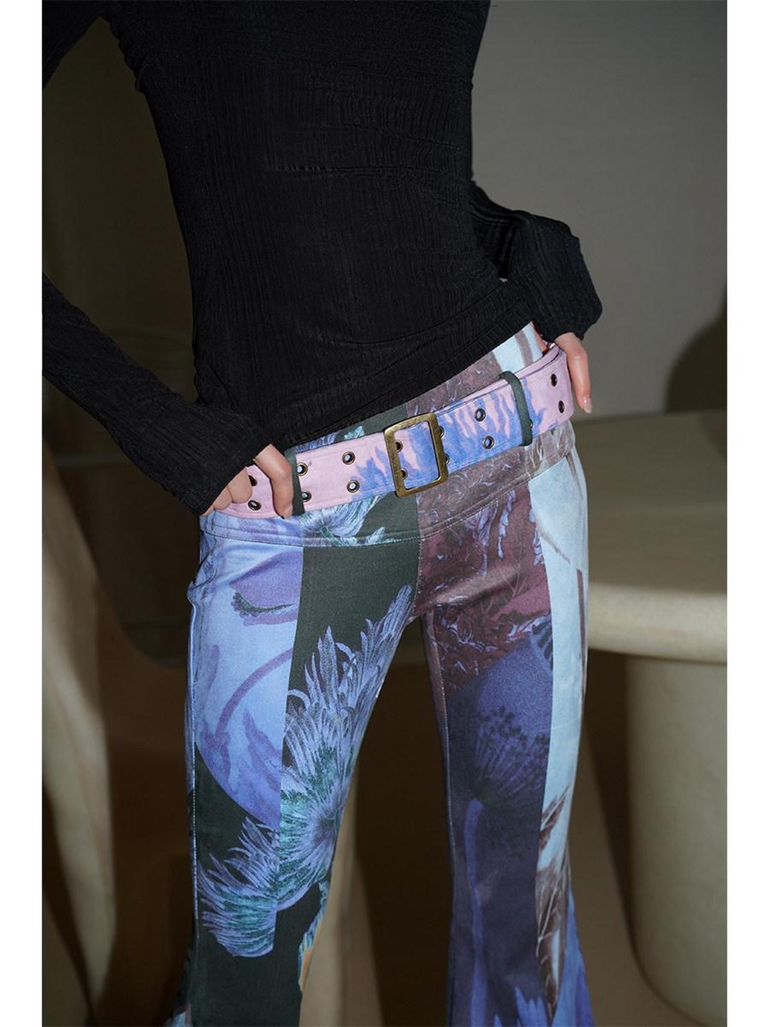 badtaste Western Vintage Print Slim Women's Suede Velvet Belted Flare Pants
