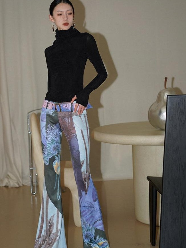 badtaste Western Vintage Print Slim Women's Suede Velvet Belted Flare Pants