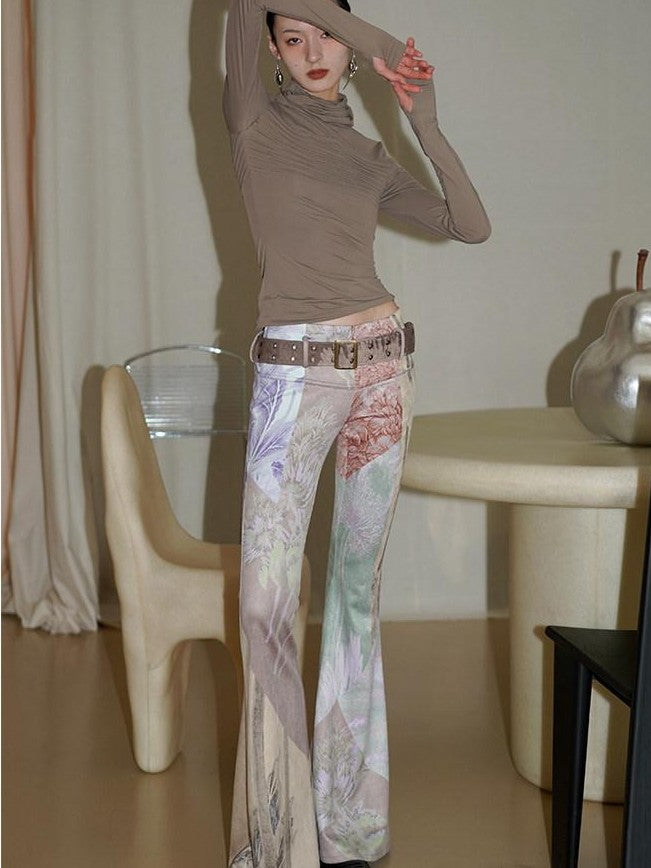 badtaste Western Vintage Print Slim Women's Suede Velvet Belted Flare Pants