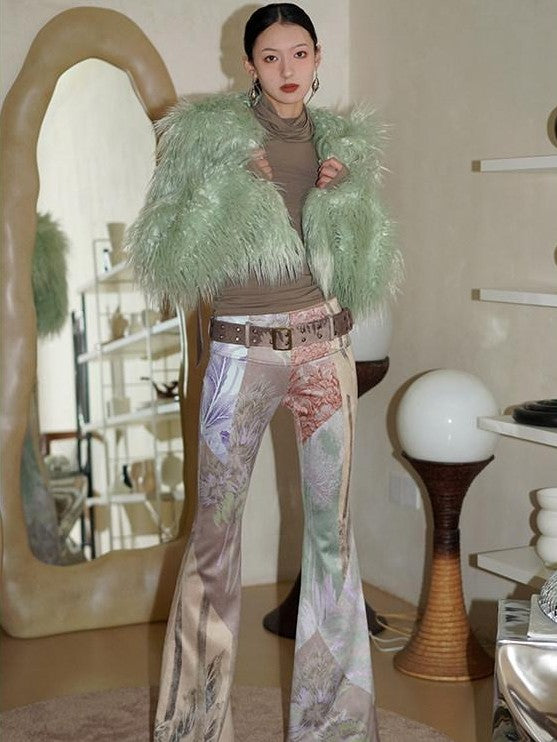 badtaste Western Vintage Print Slim Women's Suede Velvet Belted Flare Pants