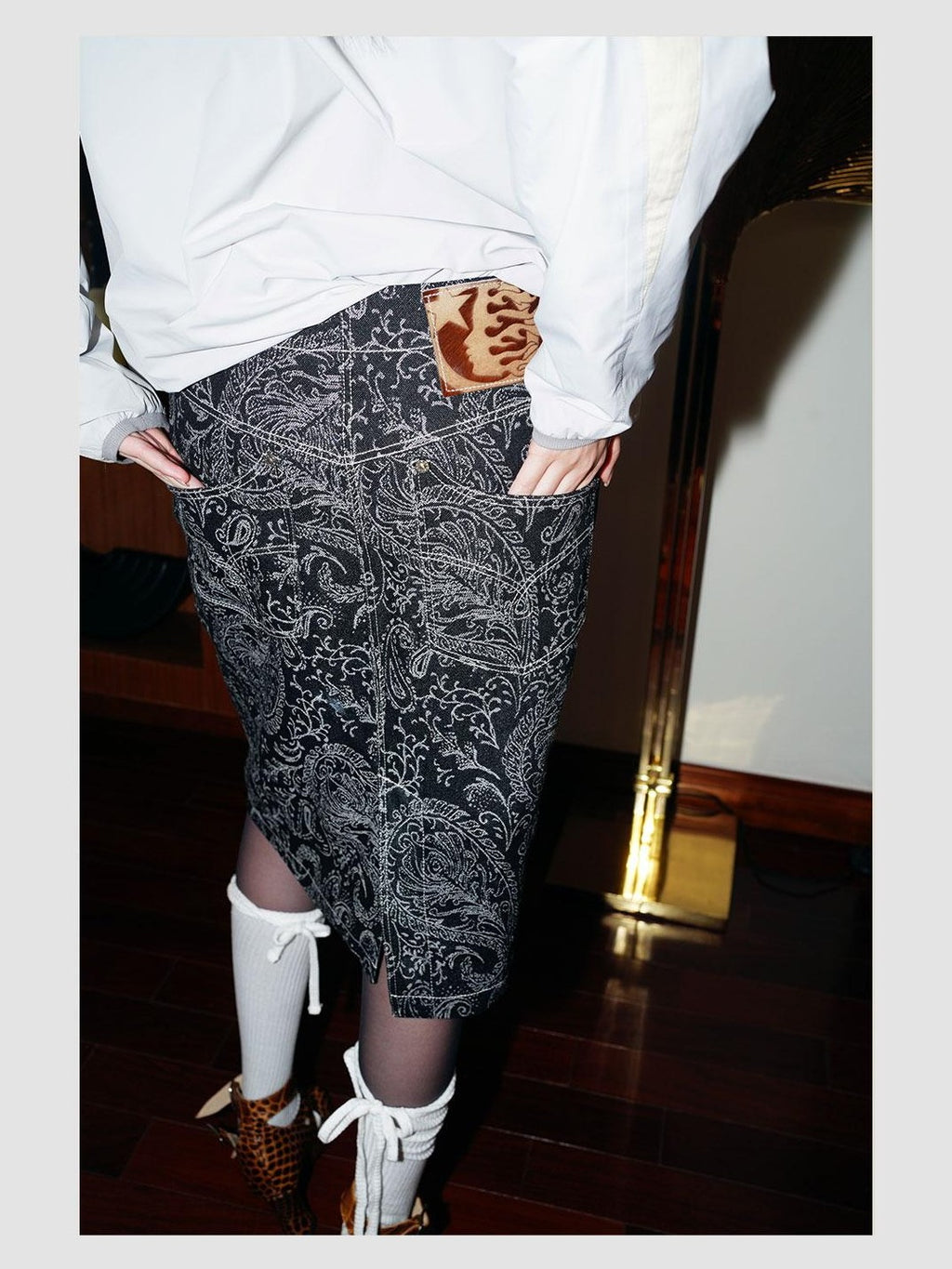 badtaste Western Vintage Printed Patchwork Low Waist H Line Women's Denim Midi Skirts