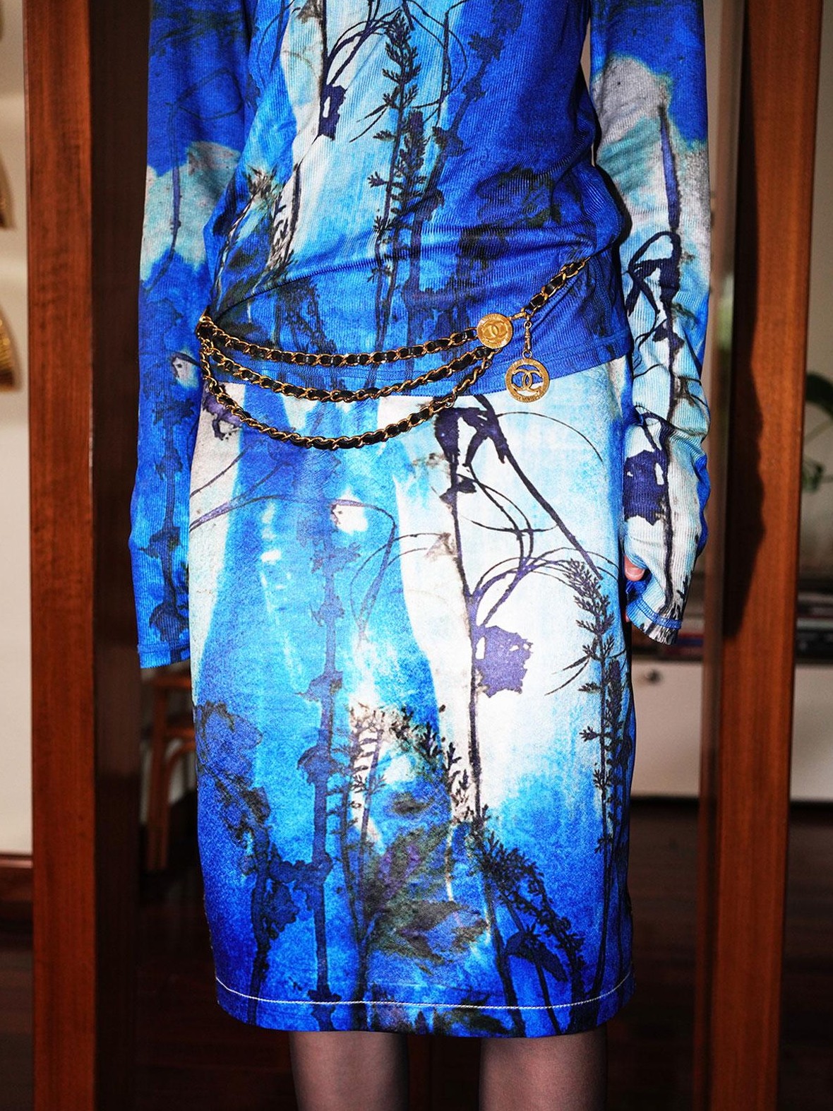 badtaste Western Vintage Printed Patchwork Low Waist H Line Women's Denim Midi Skirts